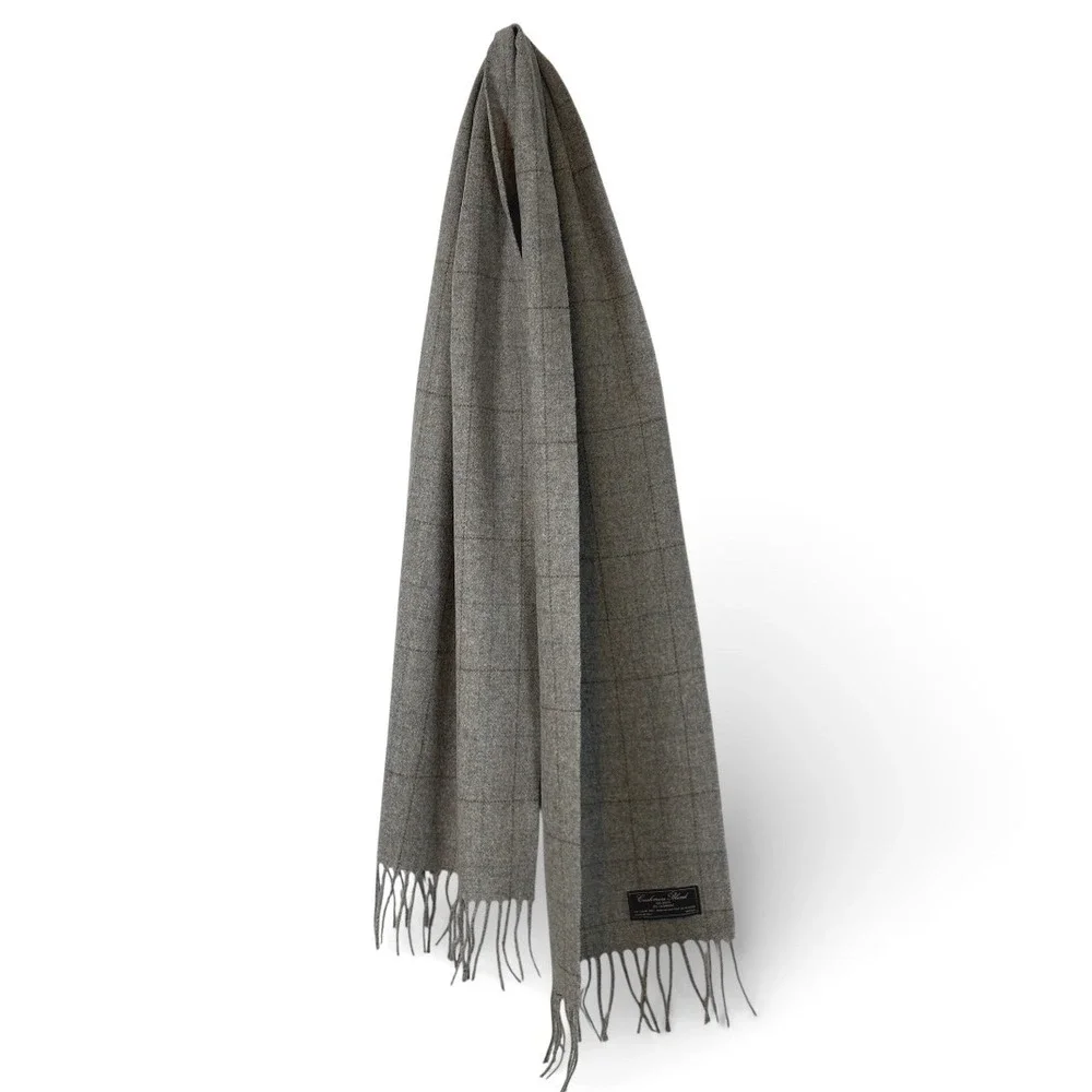 Linea Emmeti Italy Grey Windowpane Plaid Wool Cashmere Blend Fringed Scarf 12x71